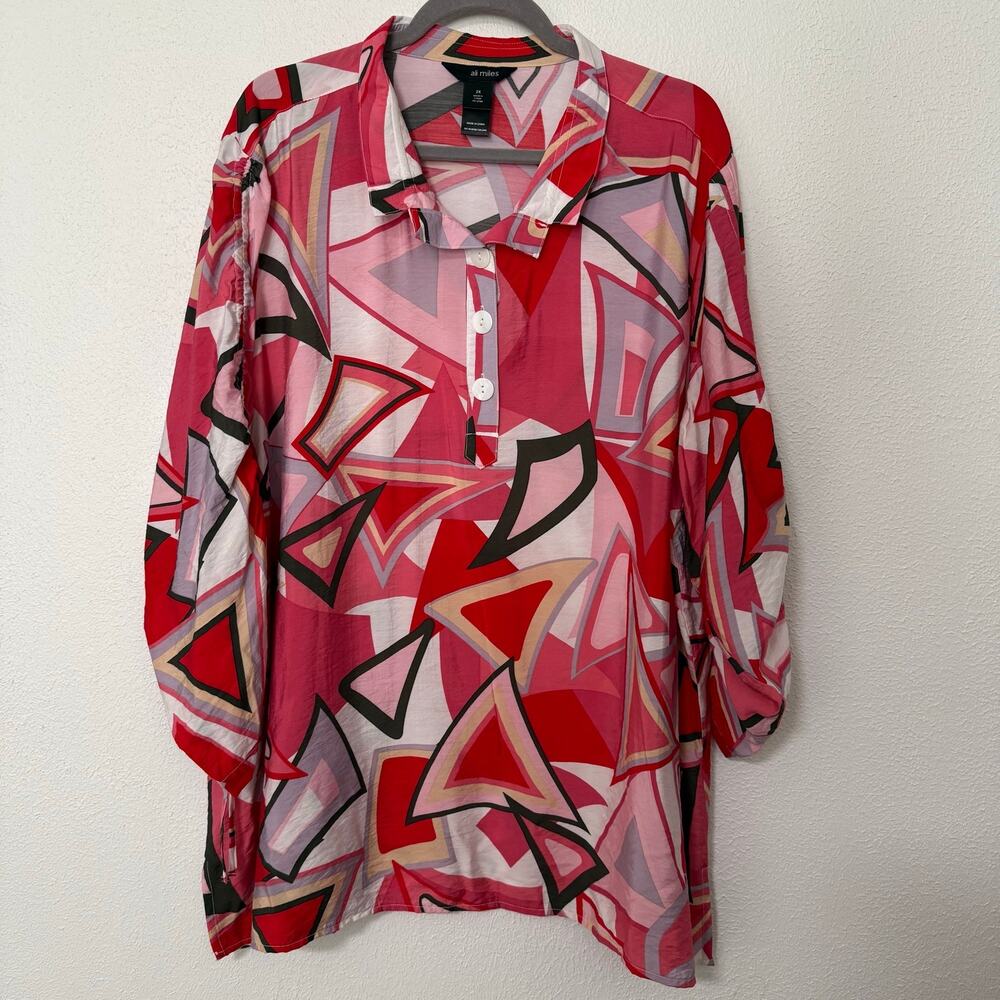 Ali Miles Women's Abstract Wire Collar Cinch Sleeve Top Size 2X